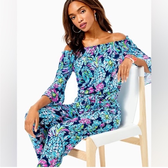 Lilly Pulitzer Calla Jumpsuit High Tide Navy Pineapple Paradise - Picture 2 of 5